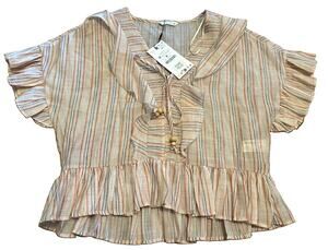⁠NWT Zara Striped Ruffle Tie Front Blouse Beaded Tassels Peplum Medium $50